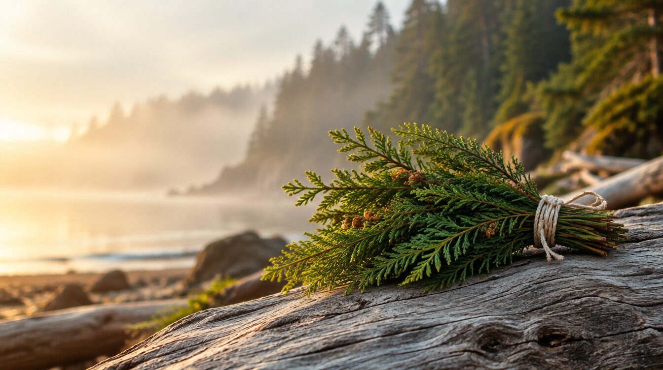 A bundle of cedar boughs tied with twine on driftwood